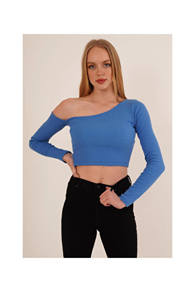 Cotton Mood 23254281 Ribbed Knit One-Shoulder Long Sleeve Blouse Blue