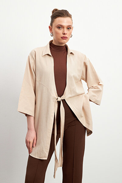 Ladima كيمونو نسائي من الكتان الفلامي مع تفاصيل جلد القمح