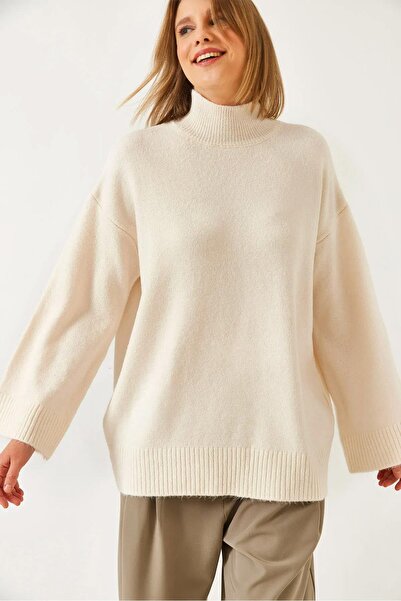 TENA Women's Cream Half Turtleneck Wide Sleeve Long Knitwear Sweater