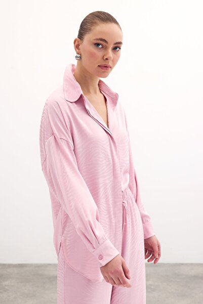 Sateen Zebra Desenli Salaş Gömlek - Pudra