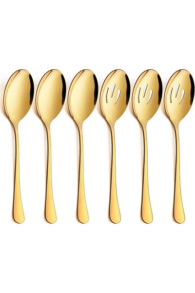 COOYA 6 Pack Gold Serving Spoons Set, 9.8 Inch Stainless Steel Slotted Spoons, for Party Banquet Buffet