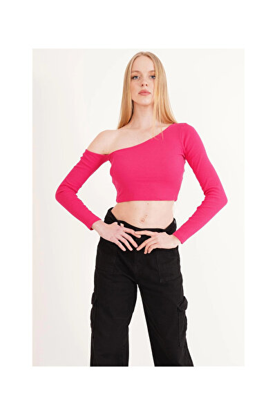 Cotton Mood 23254281 Camisole One-Shoulder Low-Cut Long-Sleeve Blouse Fusya
