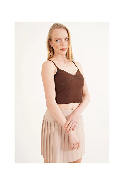 Cotton Mood 23254275 Camisole Rope Strap Lace Crop Blouse BROWN
