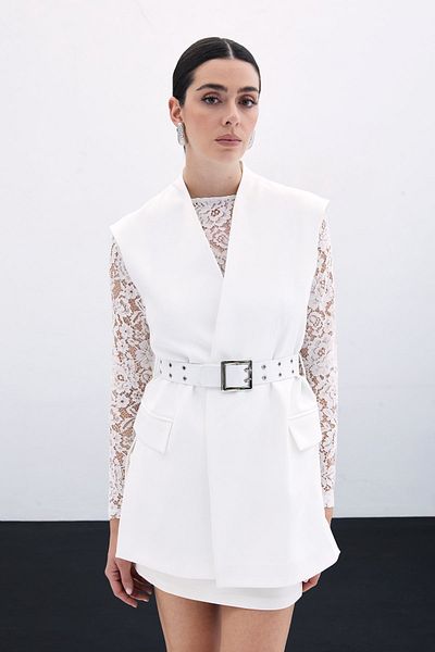 Sateen Ecru Belted Long Vest