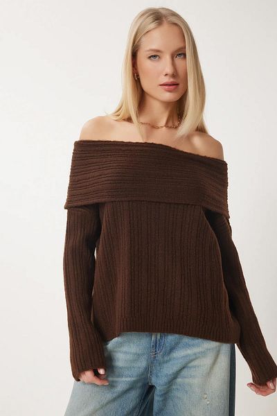 TENA Pulover de damă maro închis cu guler degradat din tricot italian