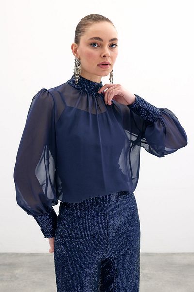 Sateen Sequin Detailed Blouse - Navy Blue