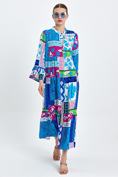 Cotton Mood فستان VP5293 بأكمام طويلة وياقة مطرزة باللون الأزرق
