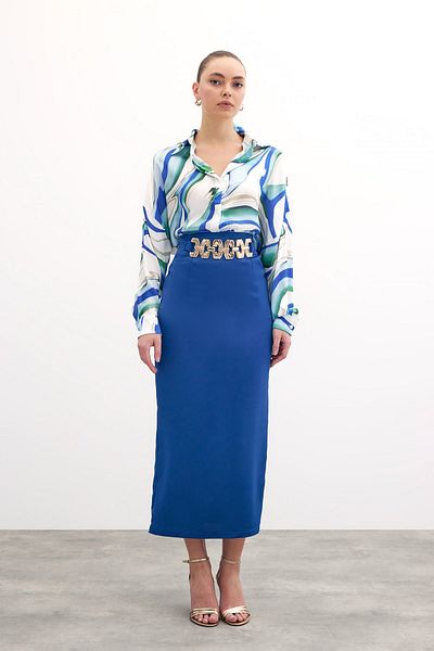 Sateen Long Skirt with Gold Accessories - Sax Blue