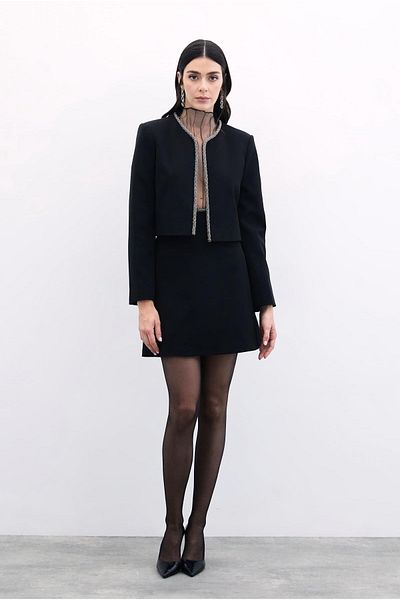 Sateen Fusta cu margele in talie - neagra