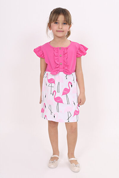 Toontoy Girl's Sleeve Ruffle Detailed Filamingo Printed Dress