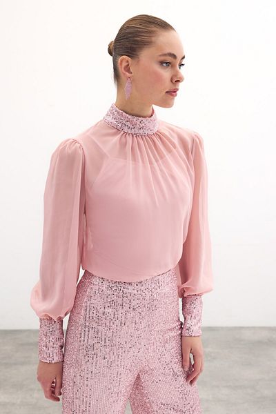 Sateen Sequin Detailed Blouse - Powder