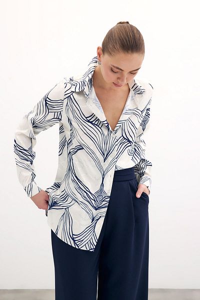 Sateen Cămașă din satin cu model - Sax Blue