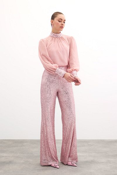Sateen Sequin Detailed Blouse - Powder