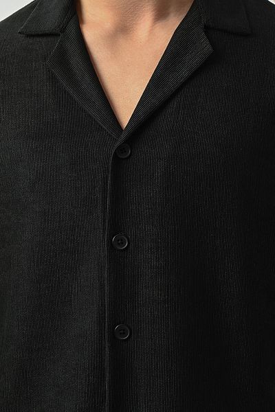 Valiberta Men's Lapel Short Sleeve Textured Shirt - Black