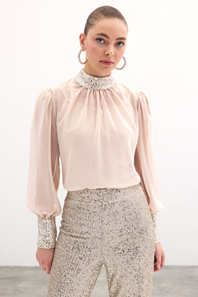 Sateen Payet Detaylı Bluz - Bej