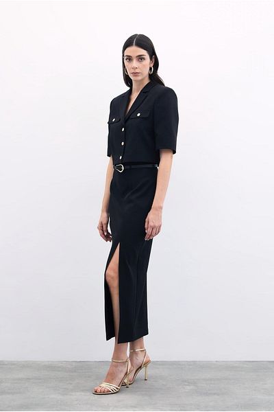 Sateen Slit Belted Long Skirt - Black