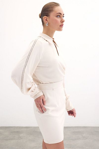 Sateen Blouse with Pearl Sleeves - Beige