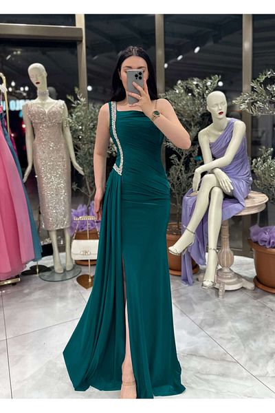missswans Nadine Stone Κεντημένο Μονόμανικο Μακρύ Φόρεμα Σμαραγδένιο Πράσινο