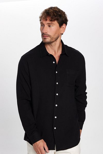 Tudors Men's Relax Fit Relaxed Cut Muslin Viscose Cotton Single Pocket Plain Black Shirt