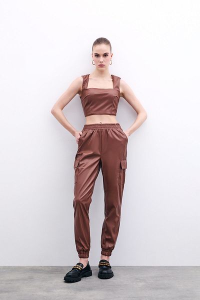 Sateen Pantaloni cargo cu buzunare - maro închis