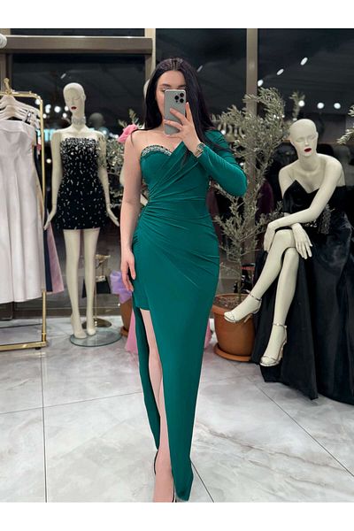 missswans Μίνι φόρεμα Agatha Emerald Green με ένα μανίκι