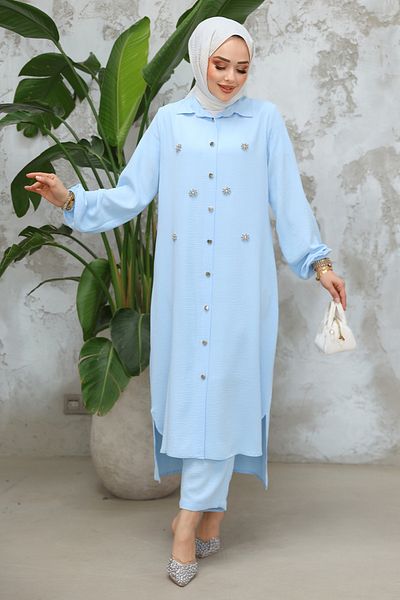 Neva Style طقم حجاب أزرق فاتح مزين بالخرز مكون من قطعتين 12082BM