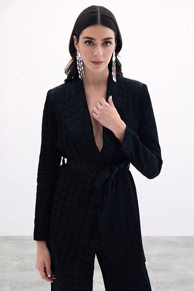 Sateen Τετράγωνο μοτίβο μαύρη ζώνη Chemise