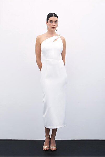 Sateen Aksesuar Detaylı Elbise - Ekru