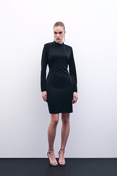 Sateen Parlak Kısa Elbise - Siyah