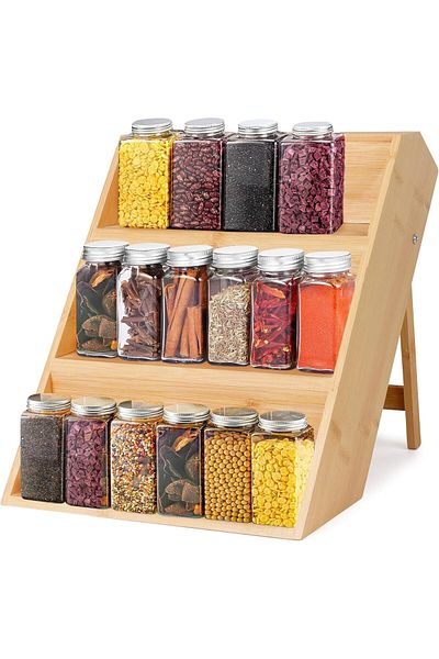 COOYA Bamboo Spice Rack Organizer for Kitchen Drawer, Foldable 3-Tier Spice Shelf, Seasoning Shelf