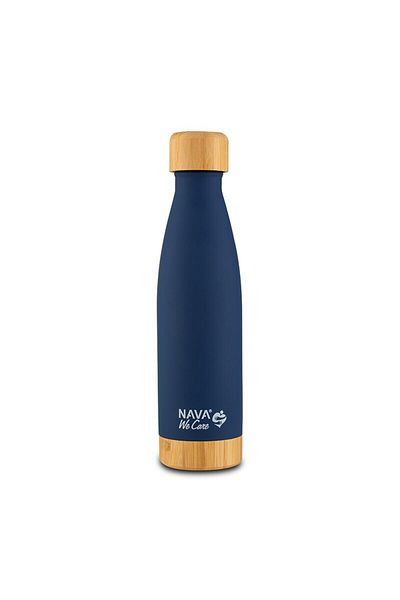 Nava Sticla din otel inoxidabil si bambus "We care" navy, 500ml