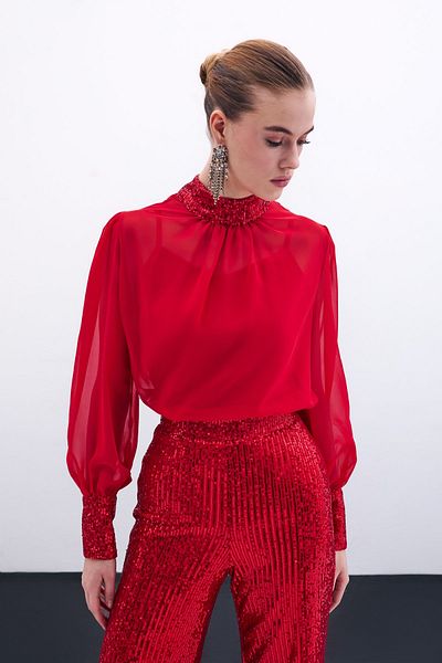 Sateen Sequin Detailed Blouse - Red