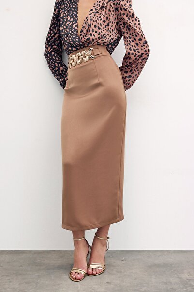 Sateen Gold Aksesuarlı Uzun Etek - Vizon