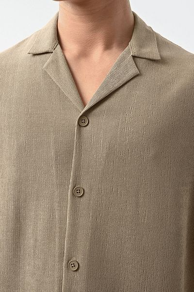Valiberta Men's Beige Shirt - Apash Collar, Short Sleeve, Textured