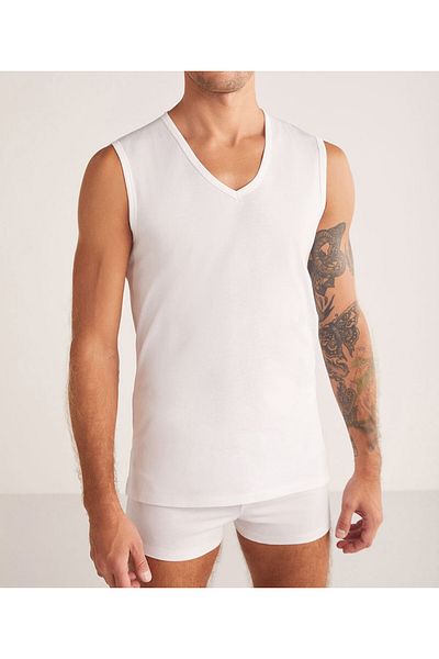 Kom Men's V-Neck Thick Strap 100% Cotton 4 Pieces Undershirt Lk.01.09.Ll.015