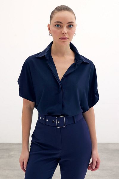 Sateen Navy Blue Sleeve Casual Shirt with Detailed Detail