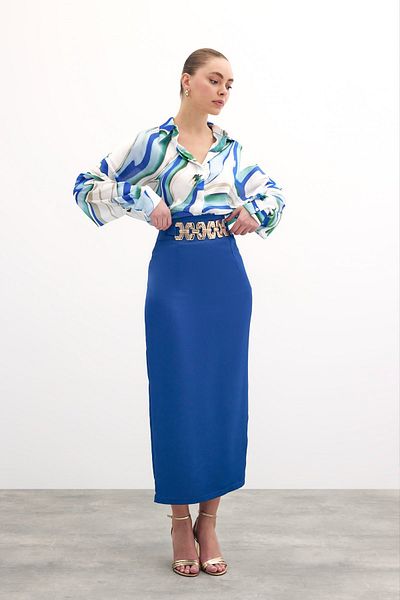 Sateen Long Skirt with Gold Accessories - Sax Blue