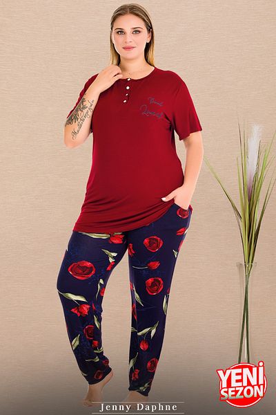 Jenny Daphne Set de pijamale cu imprimeu floral de marime mare, roșu-albastru închis