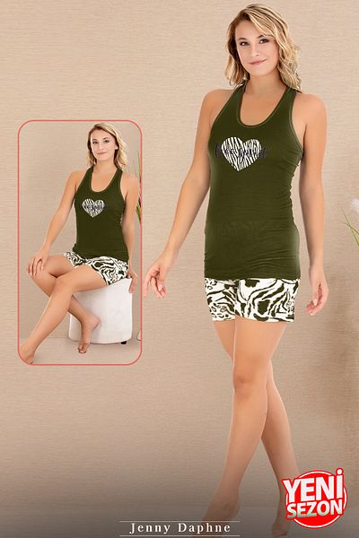 Jenny Daphne Set de pijamale Lady din țesătură din viscoză, cu mâneci zero, cu inimă, pantaloni scurți verzi 7726
