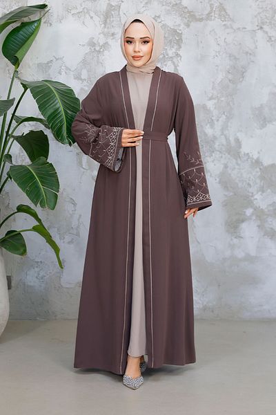 Neva Style Embroidery Patterned Brown Hijab Abaya Suit 29126Kh