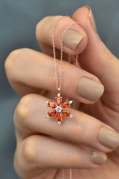 Papatya Silver 925 Ayar Gümüş Turuncu Taşlı Kamelya Çiçeği Kadın Kolye