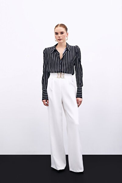 Sateen Vatkalı Çizgili Gömlek - SİYAH