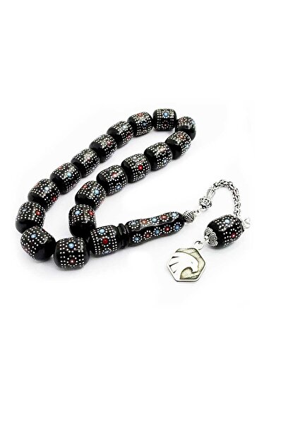 TAŞHAN Gümüş Ve Firuze - Mercan İşlemeli Kapsül Fıçı Kesim Erzurum Oltu Taşı 17 Li Efe stres Tesbihi