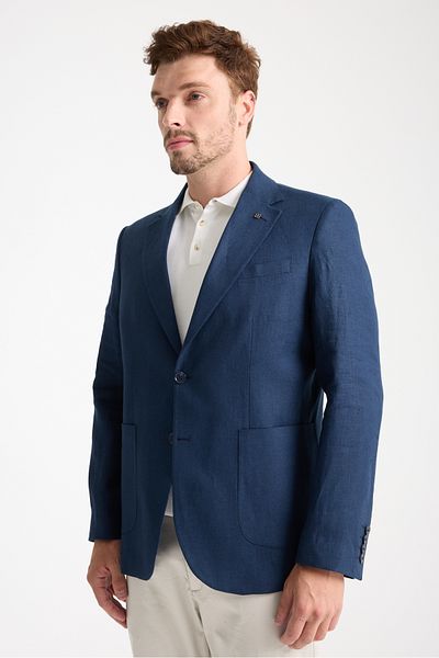 Frappoli Volix Men's Navy Blue Half Lining Bag Pocket 100% Linen Fabric Sports Blazer Jacket