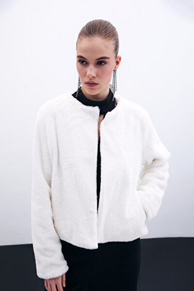 Sateen Екрю без коміра плюшеве пальто