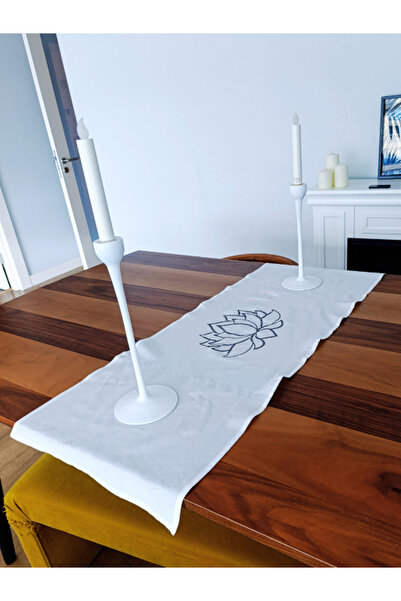 Menar Tasarım Lotus Flower Embroidered Runner 140*40 cm Design Runner White C...