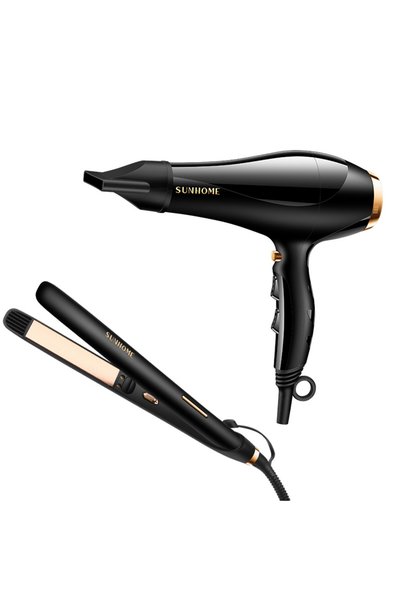 Sunhome 3-Piece Professional Hair Dryer With Straightener Set Black