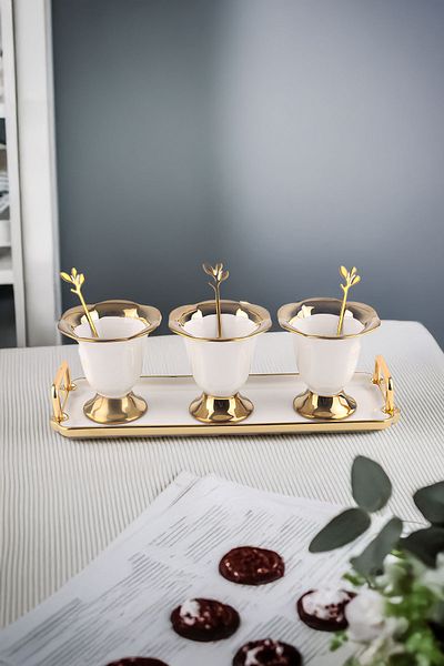 Vadi Autumn Gold Detailed - 3-Piece Porcelain Ice Cream Bowl Set with Metal Spoon Snack Bowl and Jam Sauce Bowl