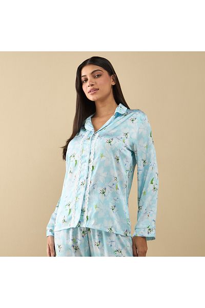 FAV All-Over Floral Print Laced Long Sleeve Shirt and Elasticated Pyjama Set