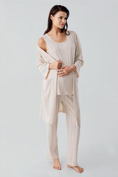 Artış Thick Straps Openwork Stretchy Cotton Maternity Dressing Gown Pajamas Set